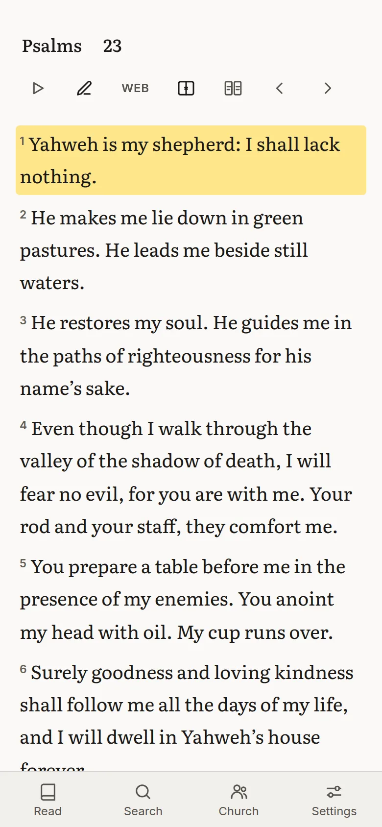 Psalm 23 in the World English Bible with verse 1 highlighted in amber