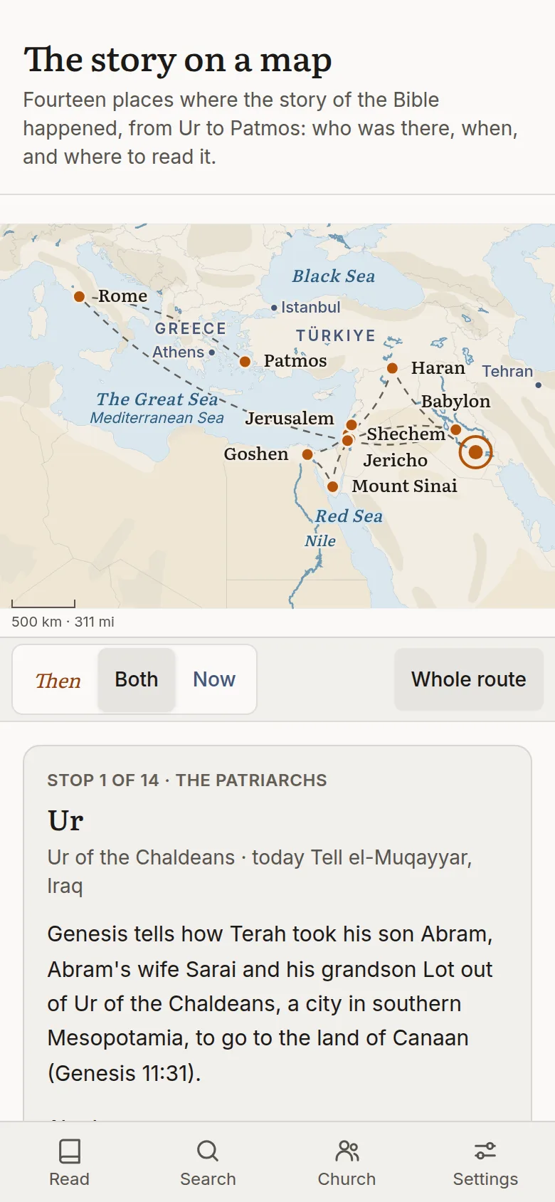 The route map showing fourteen stops from Ur to Patmos and Rome, with the card for stop 1, Ur