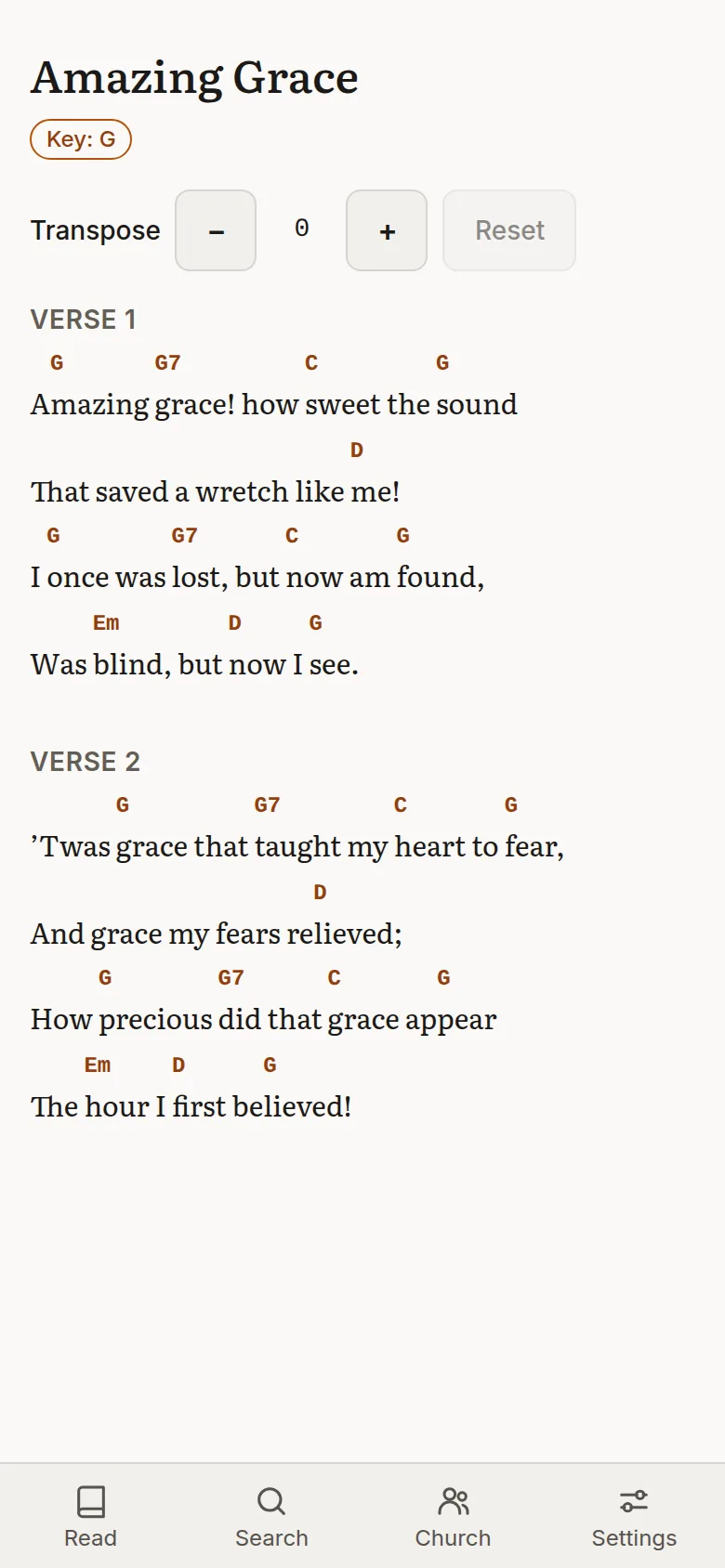 The Amazing Grace song sheet in the key of G with chords and transpose controls